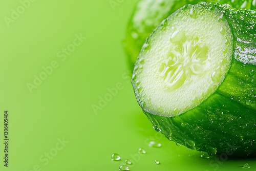 A striking cucumber, covered in glistening water droplets, rests on a light green surface. The macro focus highlights its fresh texture and vivid color, invoking a sense of vitality