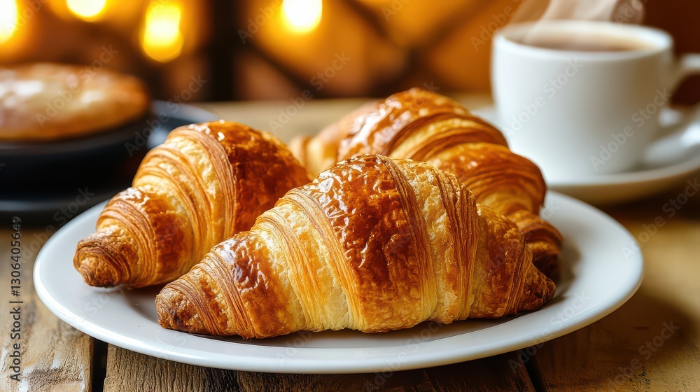 A collection of freshly baked croissants on a white plate with a soft, warm glow in the background complemented by a steaming cup of coffee or tea. A collection of freshly baked croissants on a white plate with a soft, warm glow in the background complemented by a steaming cup of coffee or tea.