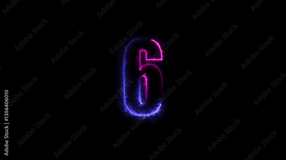 A vibrant neon animation of the number 6, glowing purple and blue against a black background. An educational visual concept. A vibrant neon animation of the number 6, glowing purple and blue against a black background. An educational visual concept.