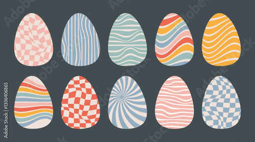 Groovy Hippie Wave Easter Eggs with Distorted Checkered and Uneven Stripes Pattern Set. Isolated Retro Twisted Waves Trippy Grid and Stripe, Fluid Liquid Wavy Lines elements. Vector illustration
