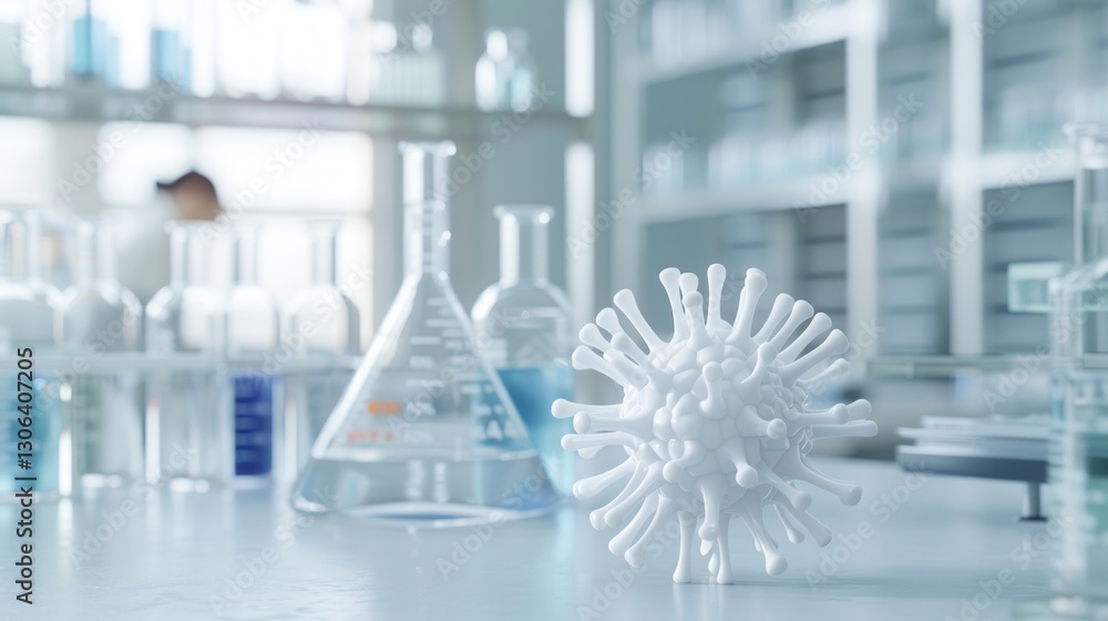 HIV Virus Model In A Research Lab. A 3D model of the HIV virus on a lab bench surrounded by test tubes and data charts. HIV Virus Model In A Research Lab. A 3D model of the HIV virus on a lab bench surrounded by test tubes and data charts.