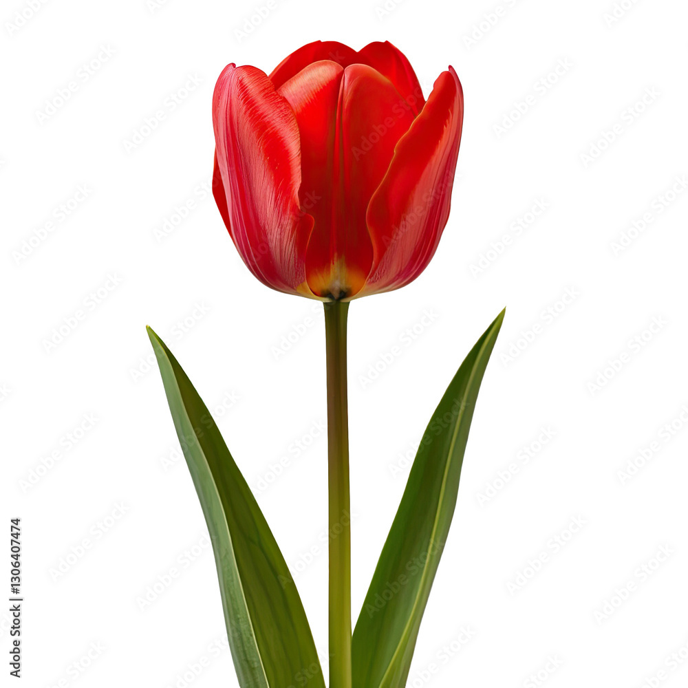 one red tulip on a long stem with green petals in png format.