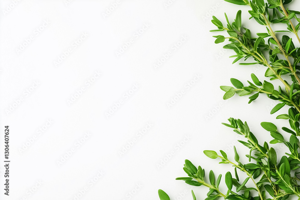 Vibrant, fresh thyme leaves with clean edges create a stunning visual against a crisp white backdrop. The aromatic herb brings a touch of nature and culinary elegance Vibrant, fresh thyme leaves with clean edges create a stunning visual against a crisp white backdrop. The aromatic herb brings a touch of nature and culinary elegance