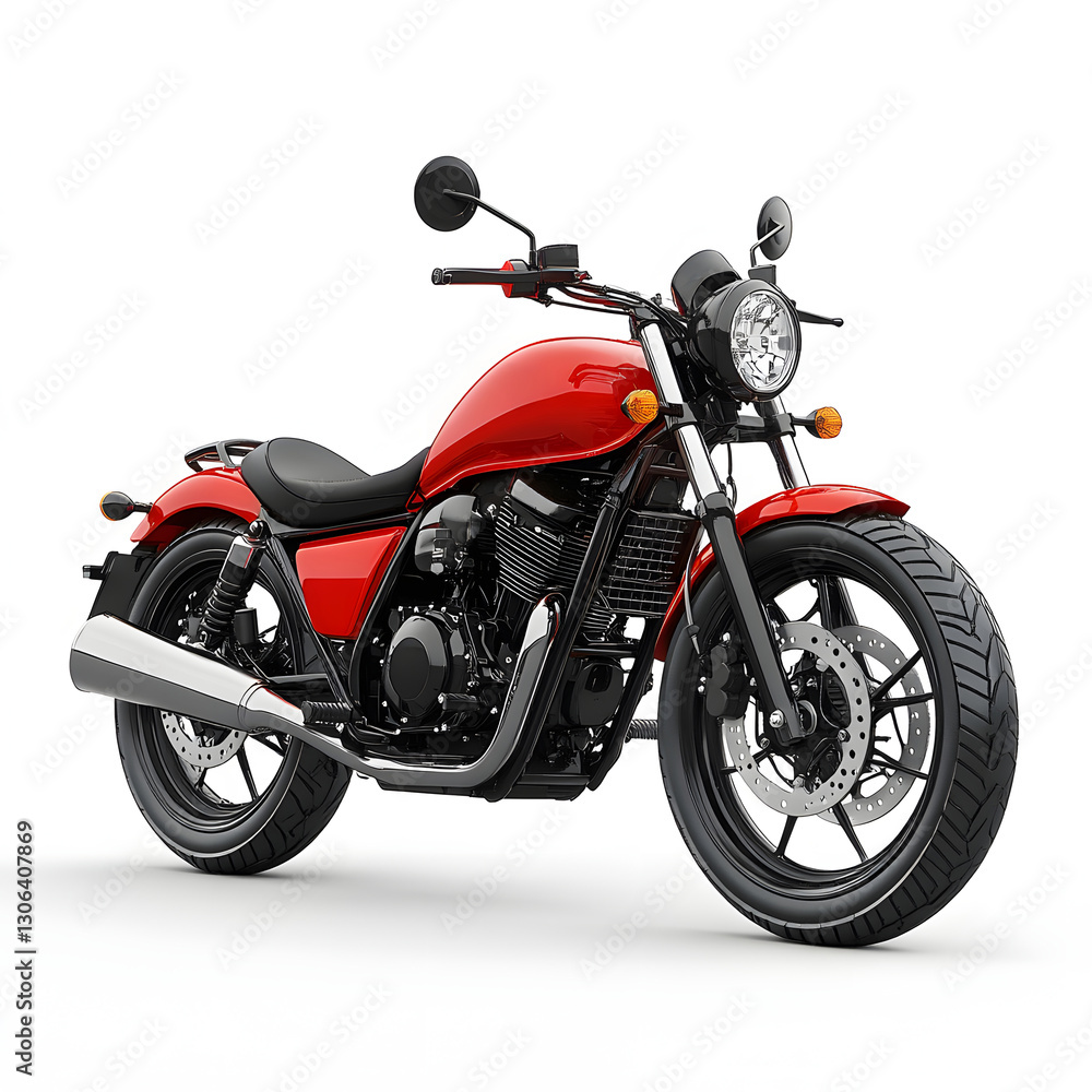 A captivating image showcasing a vibrant red cruiser motorcycle, perfect for road trips and adventures. 3d Transportation isolated in white background. A captivating image showcasing a vibrant red cruiser motorcycle, perfect for road trips and adventures. 3d Transportation isolated in white background.