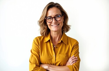 Attractive mature woman studio portrait. Middle-aged female stands, poses, smiles, shows toothy smile in casual yellow shirt, eyewear. Caucasian lady looks confident, happy on white background with