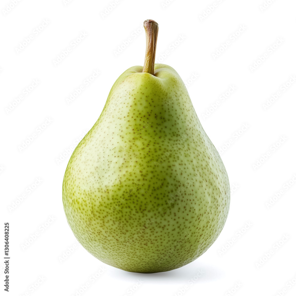 Bright and fresh whole green pear rests against a clean white background, highlighting its smooth surface and characteristic speckled skin, ideal for healthy recipes Bright and fresh whole green pear rests against a clean white background, highlighting its smooth surface and characteristic speckled skin, ideal for healthy recipes