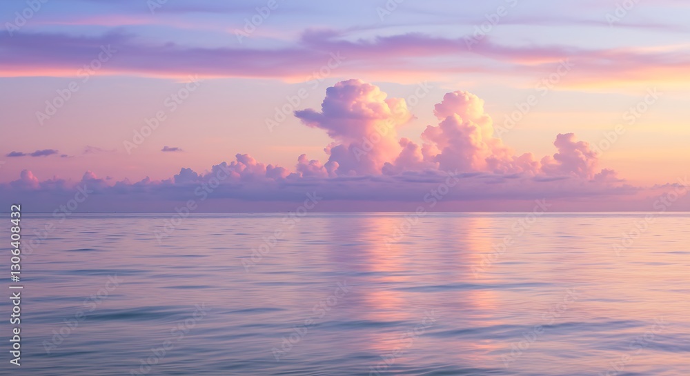 Naklejka premium A dreamy pastel sunset over a calm ocean with soft waves and glowing clouds