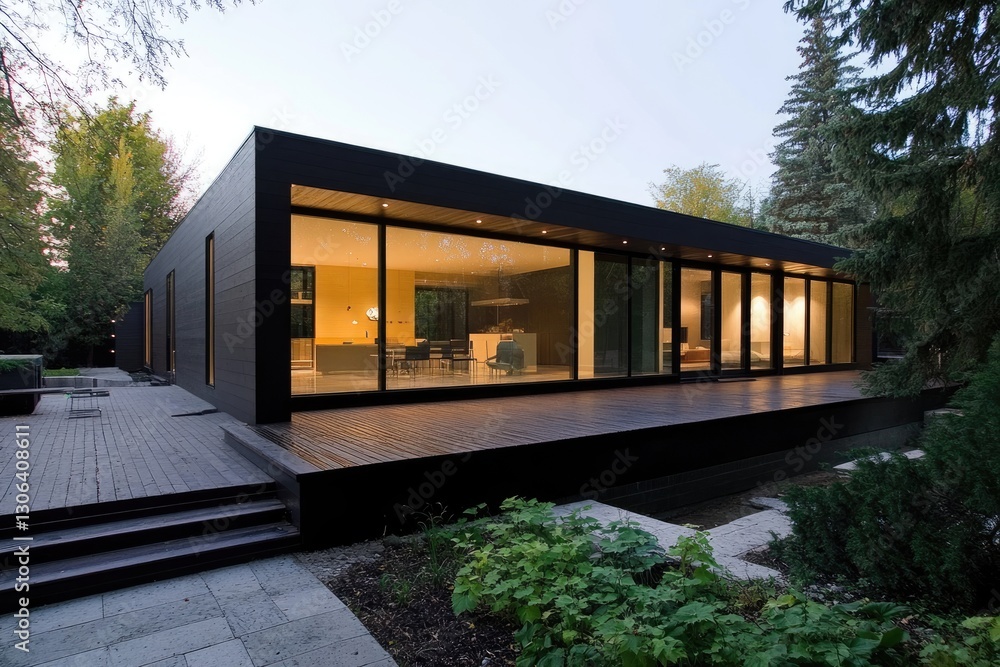 Modern Rectangular Black House with Large Glass Windows and Wood Patio in Daytime Modern Rectangular Black House with Large Glass Windows and Wood Patio in Daytime