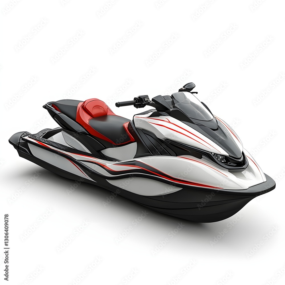 A stylish jet ski, predominantly white with red and black accents, is shown against a plain white background. 3d Transportation isolated in white background. Sleek Red and White Jet Ski A stylish jet ski, predominantly white with red and black accents, is shown against a plain white background. 3d Transportation isolated in white background. Sleek Red and White Jet Ski