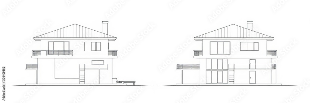 Blueprint of a modern house including floor plans, elevations, and sections, all drawn in a vector illustration style, blueprint, house Blueprint of a modern house including floor plans, elevations, and sections, all drawn in a vector illustration style, blueprint, house