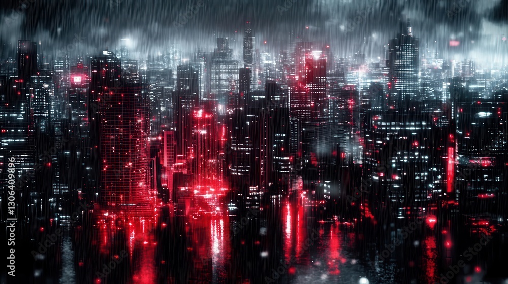 Fototapeta premium A futuristic cityscape is depicted under a rainstorm with red lights