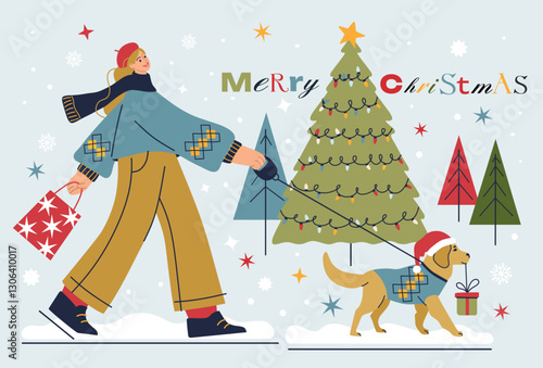 Christmas new year cartoon illustration girl walking dog on light background