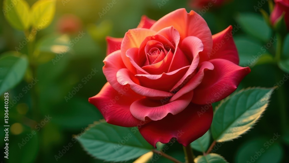 A Single Crimson Rose Blossom in Soft Sunlight, Detailed Petals and Lush Green Foliage A Single Crimson Rose Blossom in Soft Sunlight, Detailed Petals and Lush Green Foliage