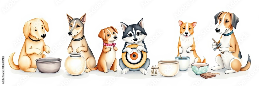 Fototapeta premium Adorable Dogs Enjoying Tea Ceremony Cute Puppy Illustration