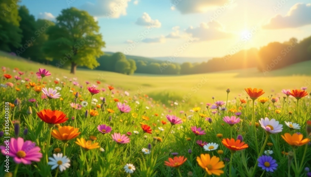 Sun-drenched meadow, wildflowers creating a sea of color, idyllic, stem, season Sun-drenched meadow, wildflowers creating a sea of color, idyllic, stem, season