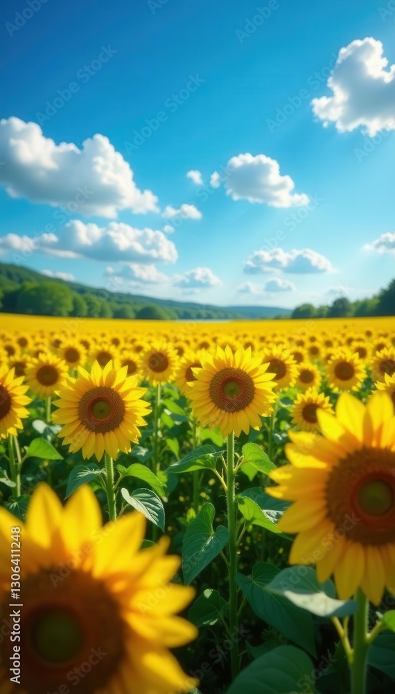 Fototapeta premium Sun-drenched sunflowers in vast field, vibrant blue sky, fluffy white clouds , horizon, flowers, bloom