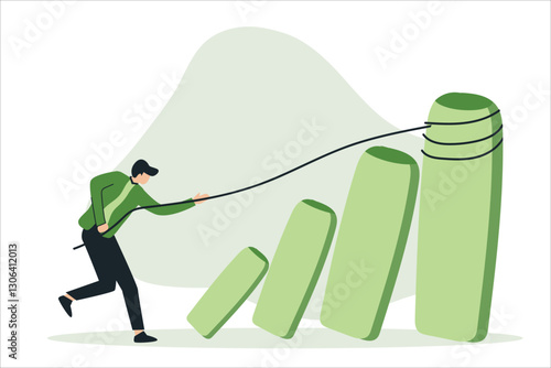 Man survive investment crash crisis or recession pushing back or effort to win business challenge economic recession.