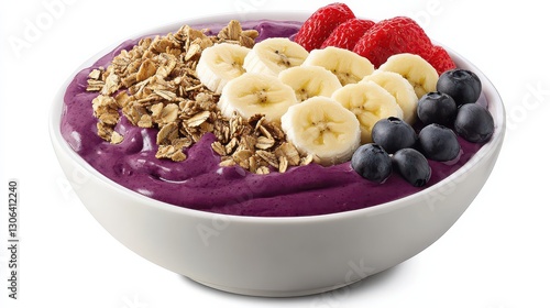 A trendy acai bowl with a colorful mix of granola, bananas, and coconut flakes, served with a printed acai menu and fresh fruits on the side.