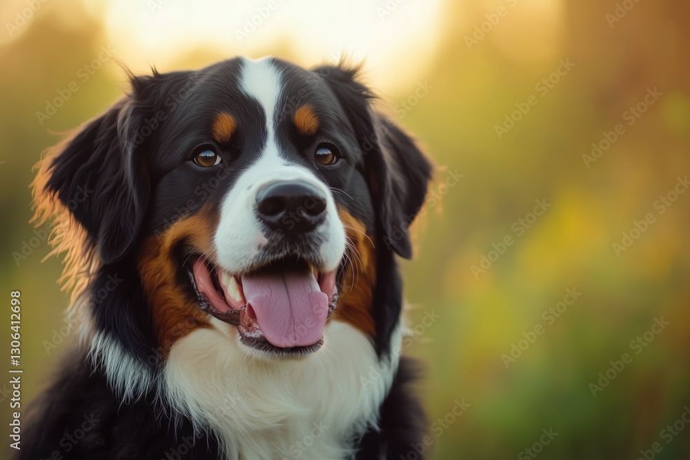 Joyful Bernese mountain dog posing against a vibrant background Joyful Bernese mountain dog posing against a vibrant background