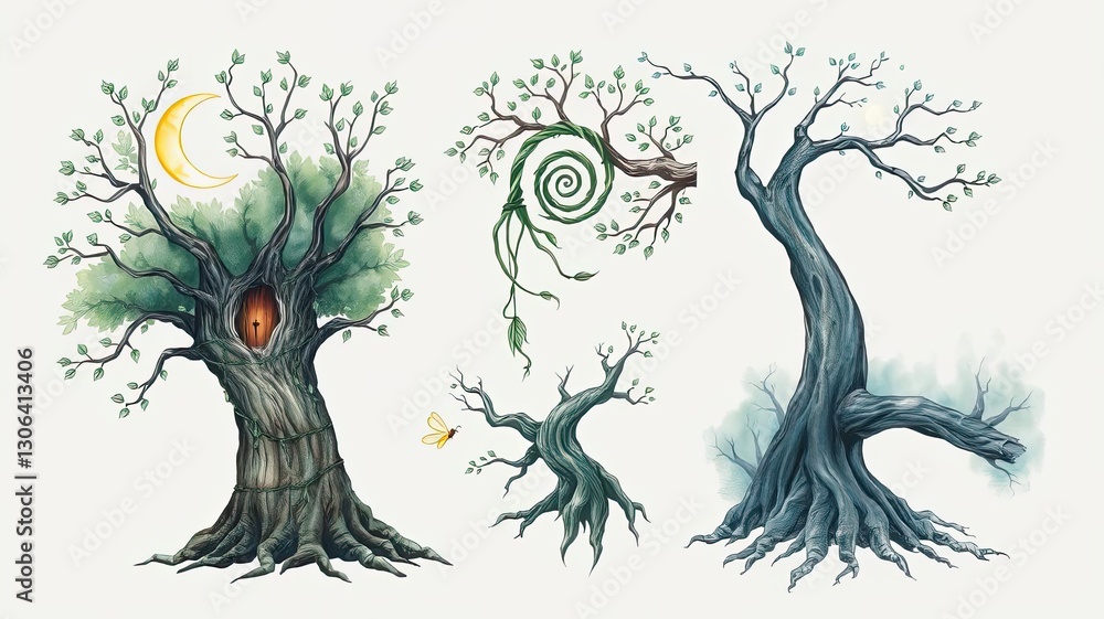 Fototapeta premium Enchanted Trees Fantasy Tree Illustrations Magical Forest Whimsical Nature Art