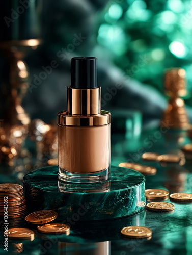 Luxurious liquid foundation bottle on marble surface with coins