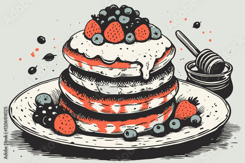 Delicious Stack of Pancakes with Fresh Berries and Syrup in Black and White Illustration