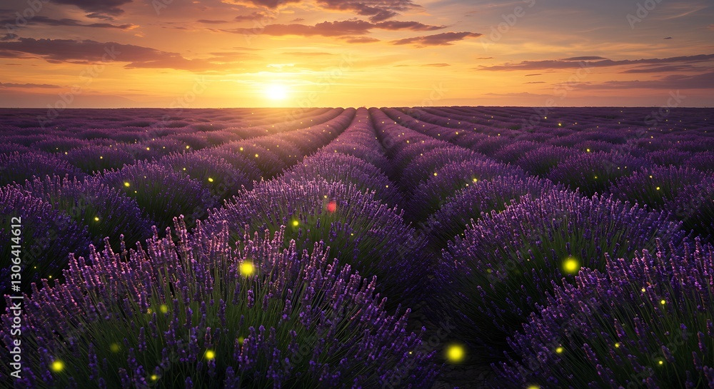 Naklejka premium A whimsical lavender field under a golden sunset with fireflies glowing