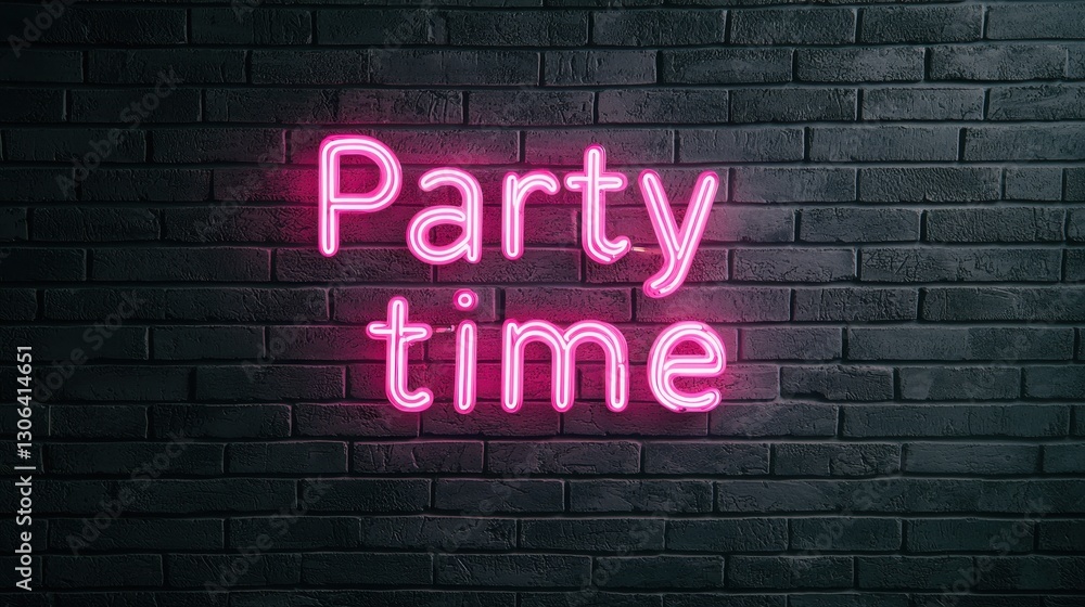 Vibrant Neon Sign with Party Time Text on Dark Brick Wall Vibrant Neon Sign with Party Time Text on Dark Brick Wall