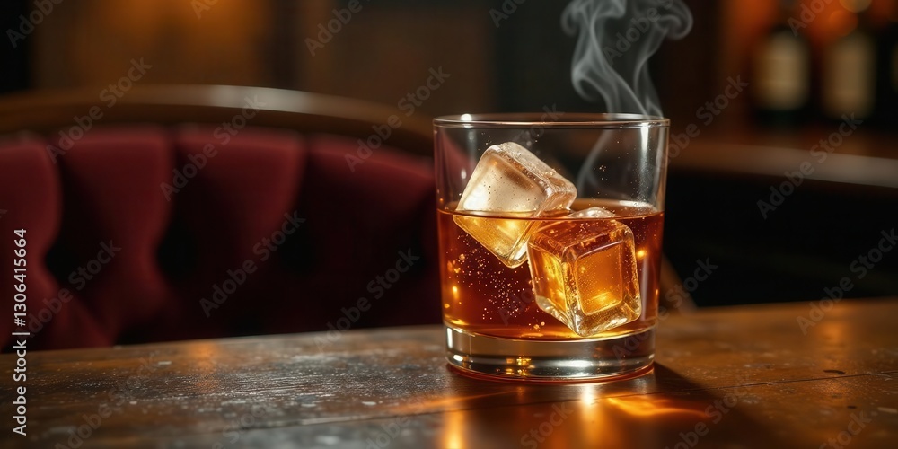 Aromatic amber liquid rests in a rocks glass, two pristine ice cubes melting slowly, wisps of vapor rising from the surface, sitting on a dark wooden table beside a plush upholstered chair. Aromatic amber liquid rests in a rocks glass, two pristine ice cubes melting slowly, wisps of vapor rising from the surface, sitting on a dark wooden table beside a plush upholstered chair.