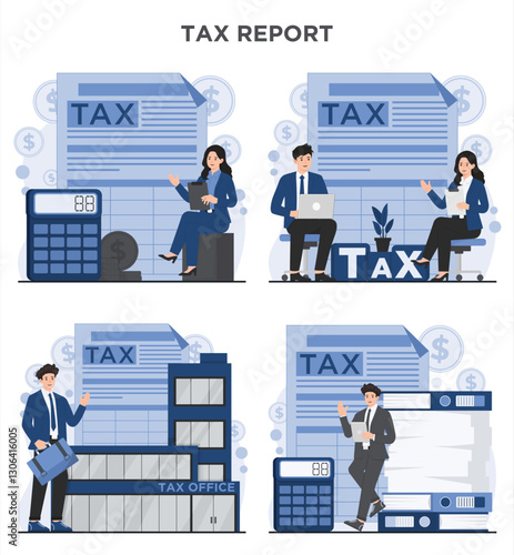 Set of  tax reports concept calculator coin financial analysis annual tax calculation online filing consultation