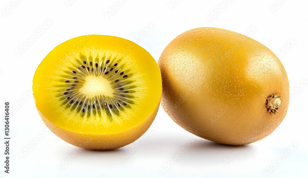 golden kiwi fruit, cut in half and placed next to the whole one on a white background golden kiwi fruit, cut in half and placed next to the whole one on a white background