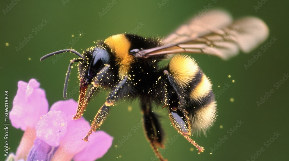 Bee pollinates flower, close-up view Bee pollinates flower, close-up view