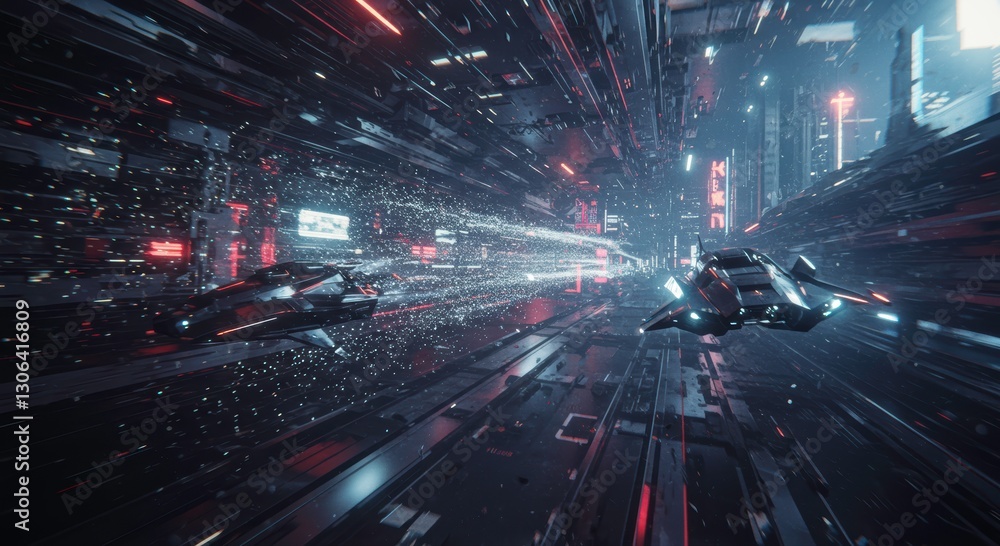 Cyberpunk Cityscape: Futuristic aerial view of a bustling cyberpunk city, filled with sleek vehicles streaking through the dense urban environment. Cyberpunk Cityscape: Futuristic aerial view of a bustling cyberpunk city, filled with sleek vehicles streaking through the dense urban environment.