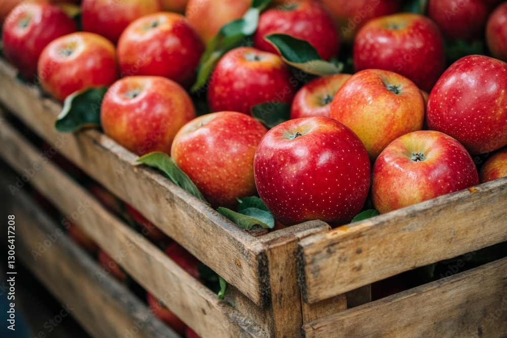 Bright red apples, freshly harvested, fill a rustic wooden crate. The vibrant fruits are accompanied by glossy green leaves, showcasing the beauty of autumn's bounty in a natural setting Bright red apples, freshly harvested, fill a rustic wooden crate. The vibrant fruits are accompanied by glossy green leaves, showcasing the beauty of autumn's bounty in a natural setting