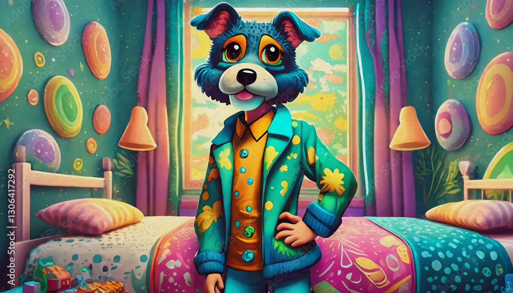 Fototapeta premium og teenager striking a pose in a bedroom oil painting style cartoon character illustration 