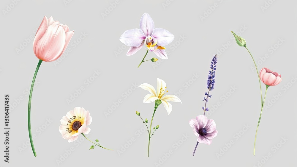 Obraz premium Delicate Floral Illustrations Tulips Orchids Anemones Lavender