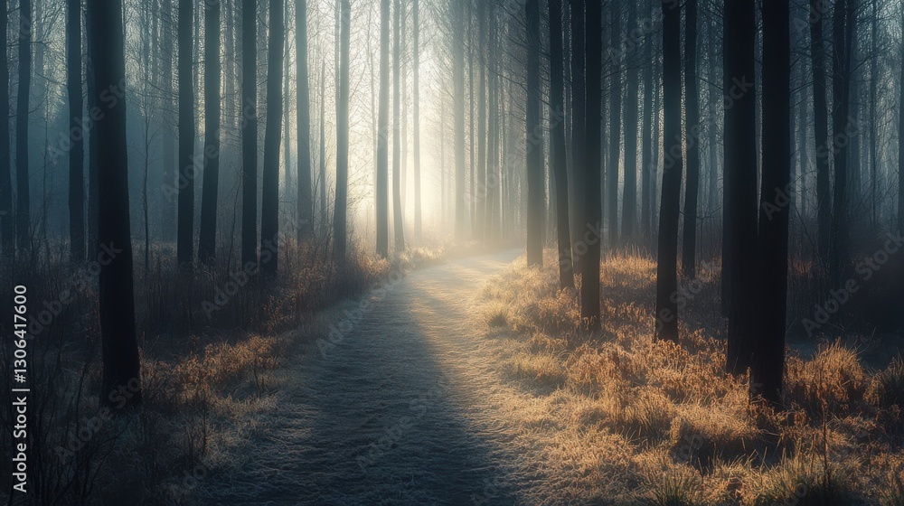 Fototapeta premium sunlit path through misty winter forest