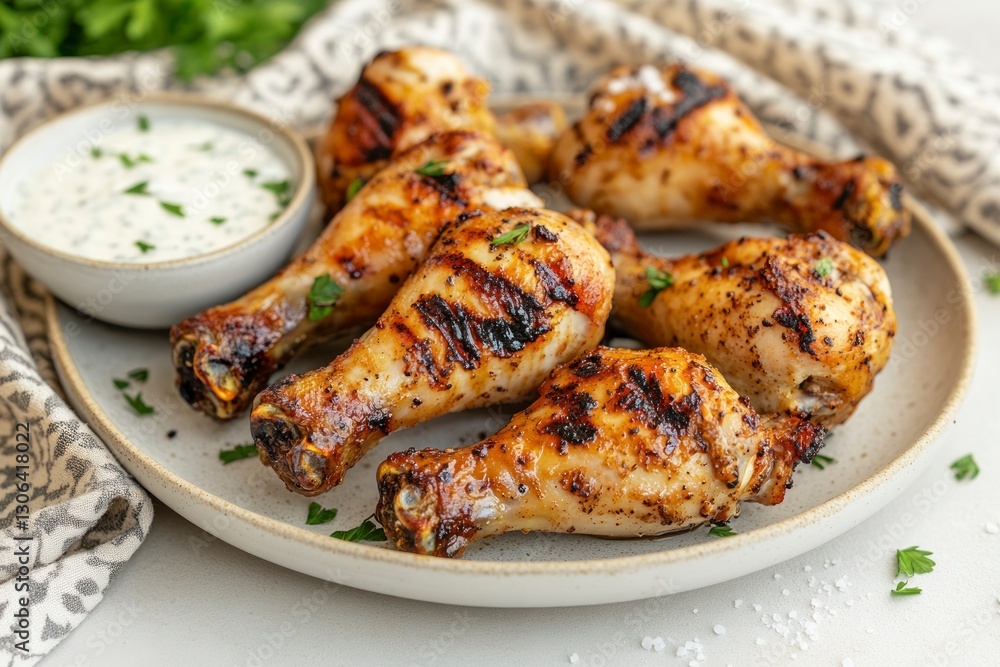 Grilled Chicken Drumsticks on Plate with Dipping Sauce Close-up Grilled Chicken Drumsticks on Plate with Dipping Sauce Close-up