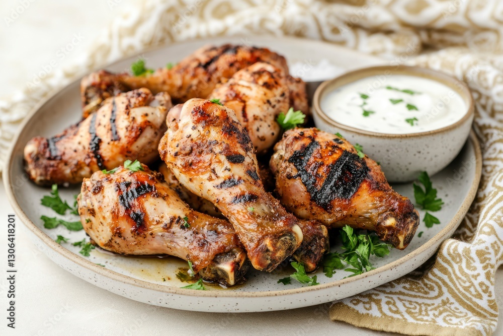 Grilled Chicken Drumsticks with Creamy Dip and Parsley Garnish on Plate Grilled Chicken Drumsticks with Creamy Dip and Parsley Garnish on Plate