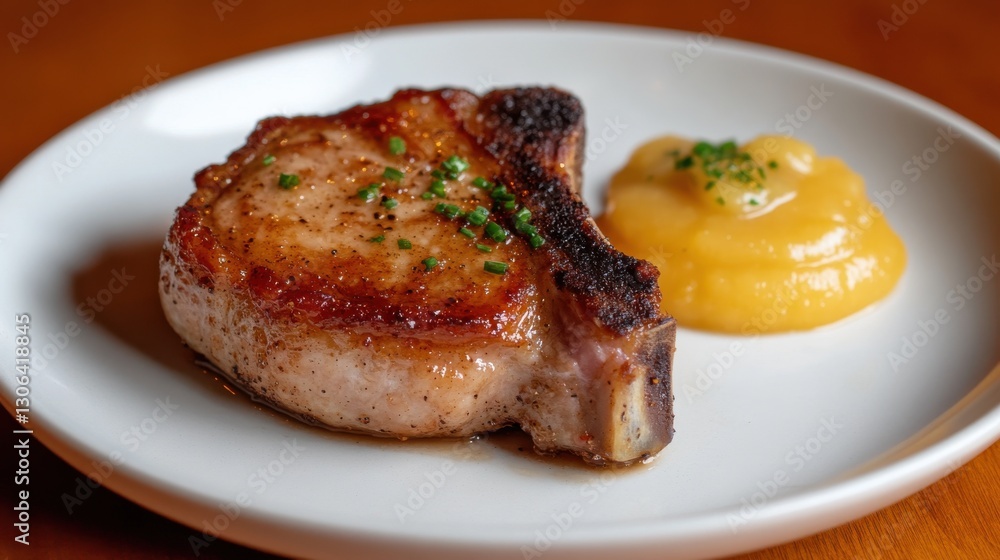 A perfectly seasoned pork chop with a side of apple sauce, A perfectly seasoned pork chop with a side of apple sauce,