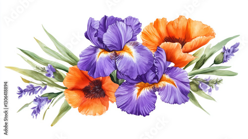A vibrant watercolor bouquet featuring purple irises, orange poppies, and bright green foliage for a bold floral composition