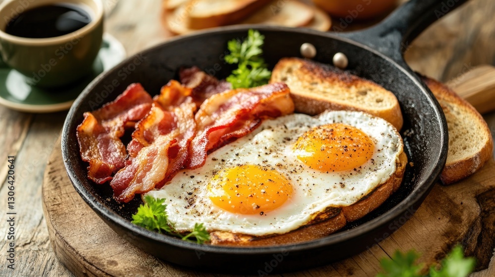 A delicious breakfast of eggs bacon and toasted bread is served A delicious breakfast of eggs bacon and toasted bread is served
