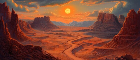 Crédence de cuisine Bordeaux Majestic desert landscape with winding road at sunset Scenic view of canyon, mesas, and mountains under warm orange sky Concept of travel, adventure, and exploration  © Fernando