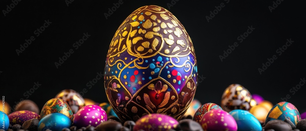 Ornate Easter Eggs with Gold Detailing on Dark Background Concept of Celebration, Decoration, and Spring Holiday Ornate Easter Eggs with Gold Detailing on Dark Background Concept of Celebration, Decoration, and Spring Holiday