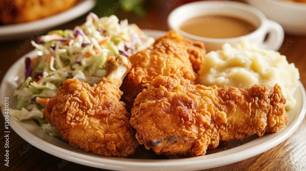 Delicious Fried Chicken Plate Accompanied With Sides And Gravy Delicious Fried Chicken Plate Accompanied With Sides And Gravy
