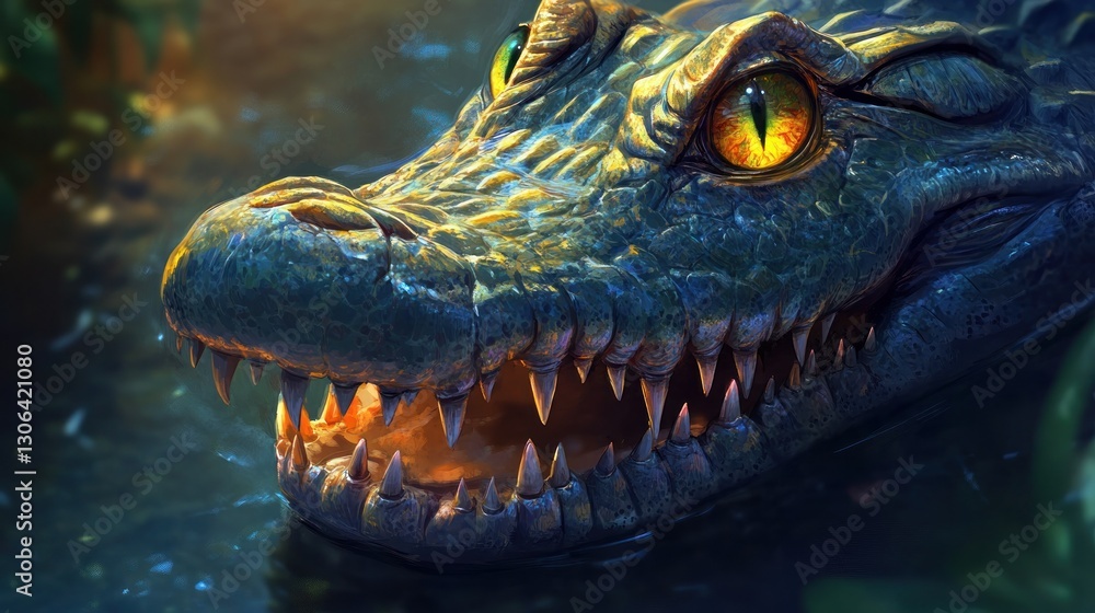 Close-up of a crocodile's head in water, showing sharp teeth and intense eyes. Close-up of a crocodile's head in water, showing sharp teeth and intense eyes.
