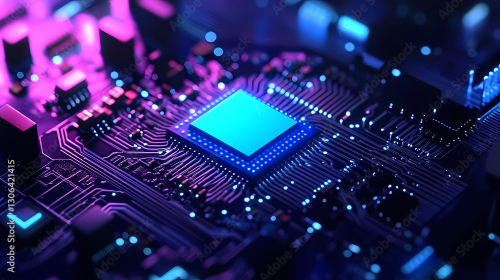 Macro Circuit Board with Glowing CPU Macro Circuit Board with Glowing CPU