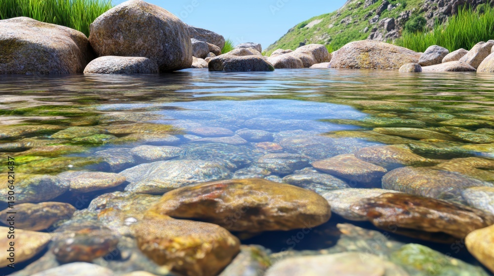 Clear Streambed with Smooth Rocks and Aquatic Plants under Bright Sunlight Clear Streambed with Smooth Rocks and Aquatic Plants under Bright Sunlight