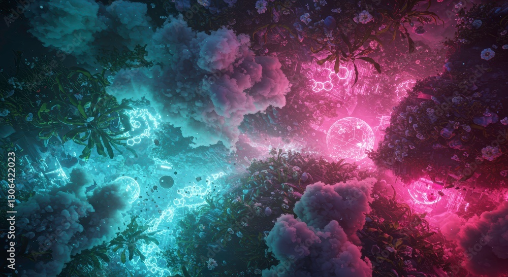 Fototapeta premium Neon Dreamscape: An ethereal scene where a vibrant fusion of blue and pink light bathes a fantastic landscape, featuring elements of nature and fantasy, creating a dreamlike environment.