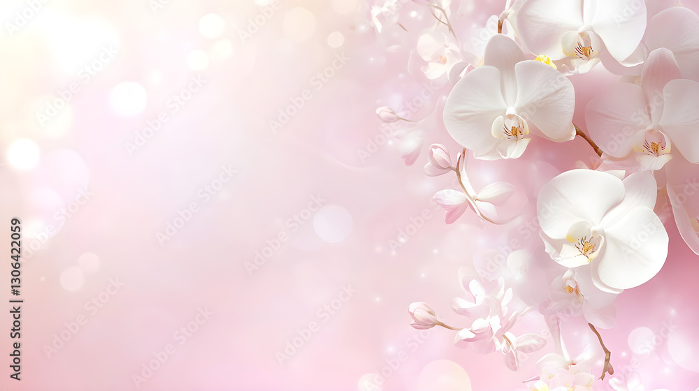 Soft pink background with a single white orchid flower in the corner Soft pink background with a single white orchid flower in the corner